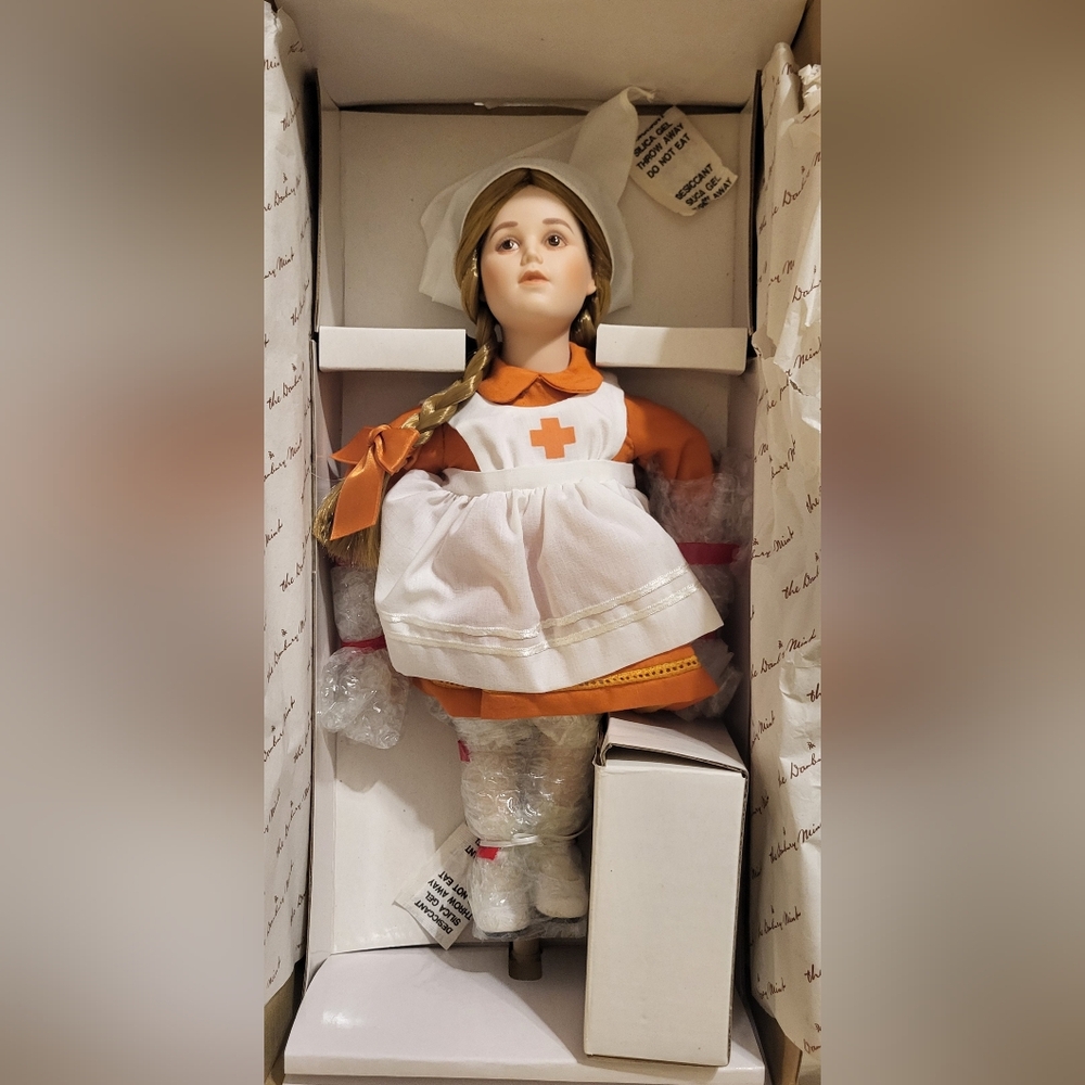 Vtg Danbury Mint NORMAN ROCKWELL Porcelain Red Cross Volunteer Girl Doll w/Stand